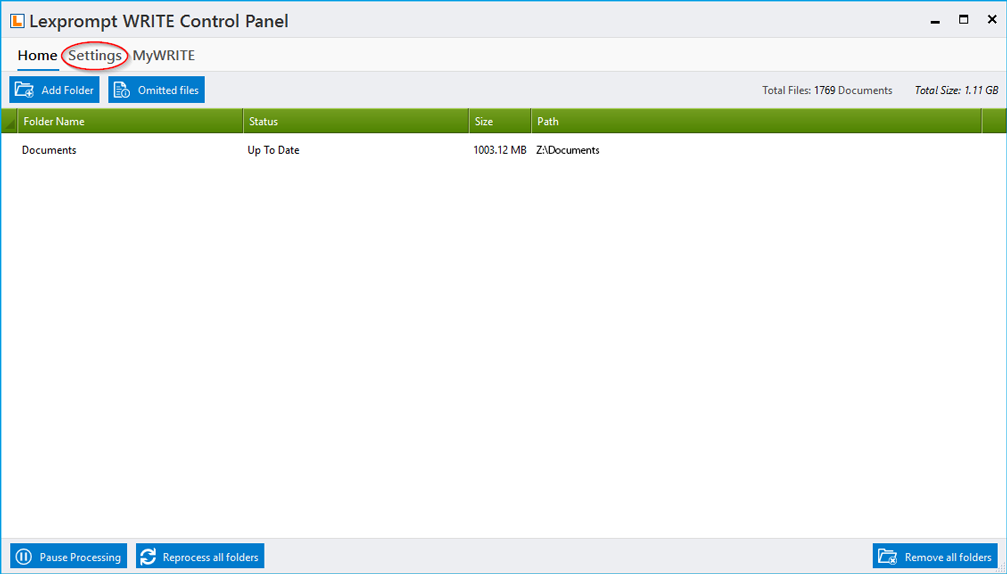 Lexprompt WRITE control panel settings and options